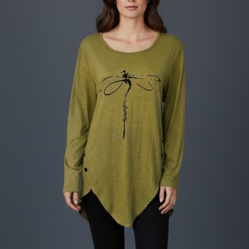 Assymetric Button Embellished Dragonfly Warrior Sage Green Long Sleeve Tunic